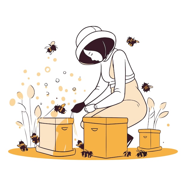 Vector beekeeper working in apiary in cartoon style