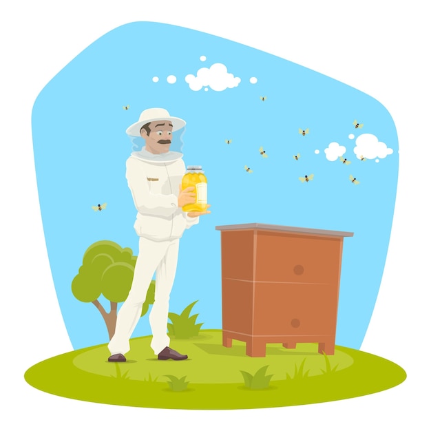 Beekeeping apiary and beekeeper vector design