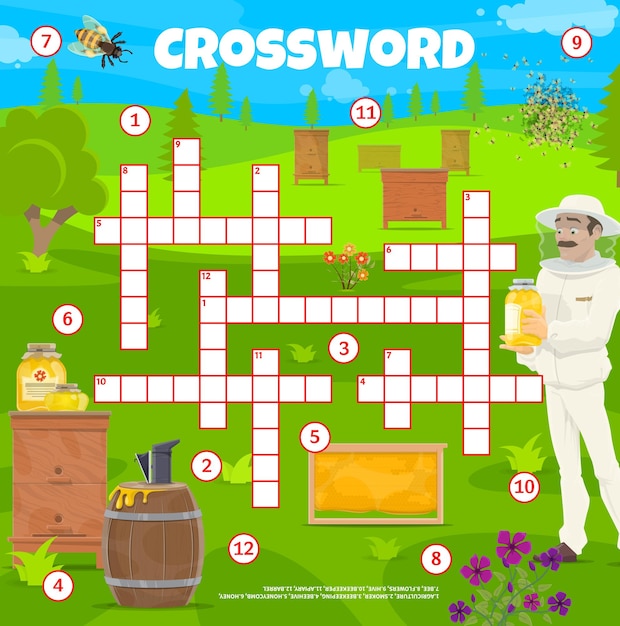 Beekeeping and apiary crossword puzzle game grid