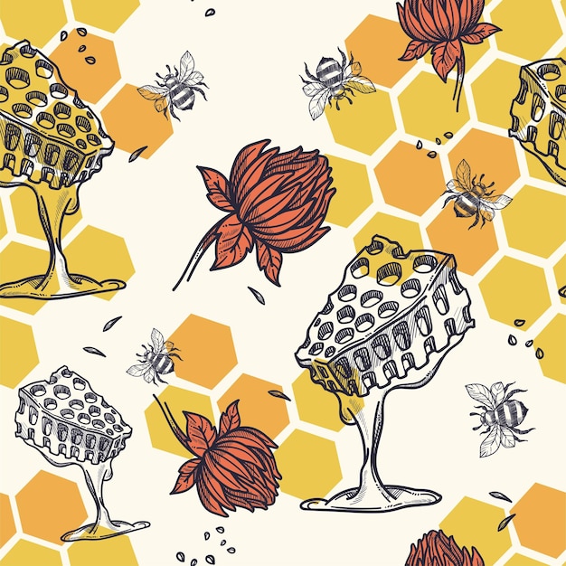 Beekeeping and apiary seamless pattern with honey