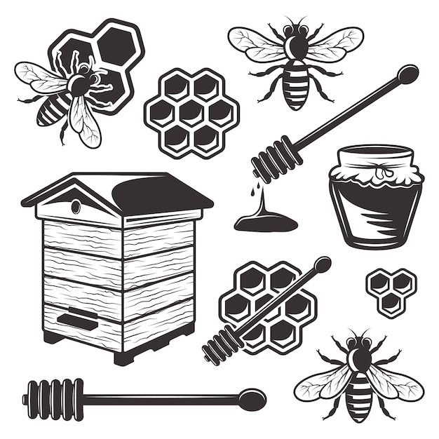 Vector beekeeping and honey set of  black objects and  elements  on white background