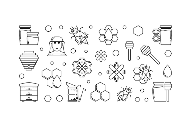 Beekeeping vector outline horizontal illustration or banner