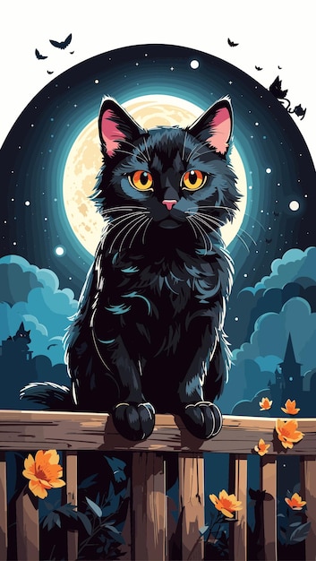 Vector beeld een schattige zwarte kat af met een gebogen rug en gloeiende ogen, staande op een hek of tegen een maanverlichte achtergrond