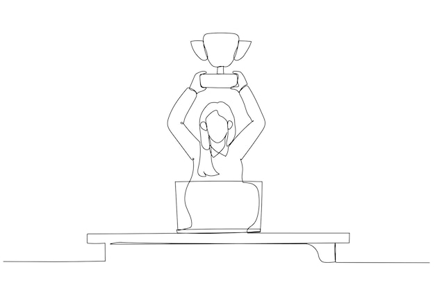 Beeldverhaal van onderneemster die in bureau een trofee houdt die verwezenlijking toont Enkel ononderbroken lijnart