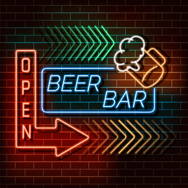 Insegna della luce al neon della barra della birra su un muro di mattoni. segno blu e arancione. retro elemento realistico decorativo per l'illustrazione di vettore di web design.