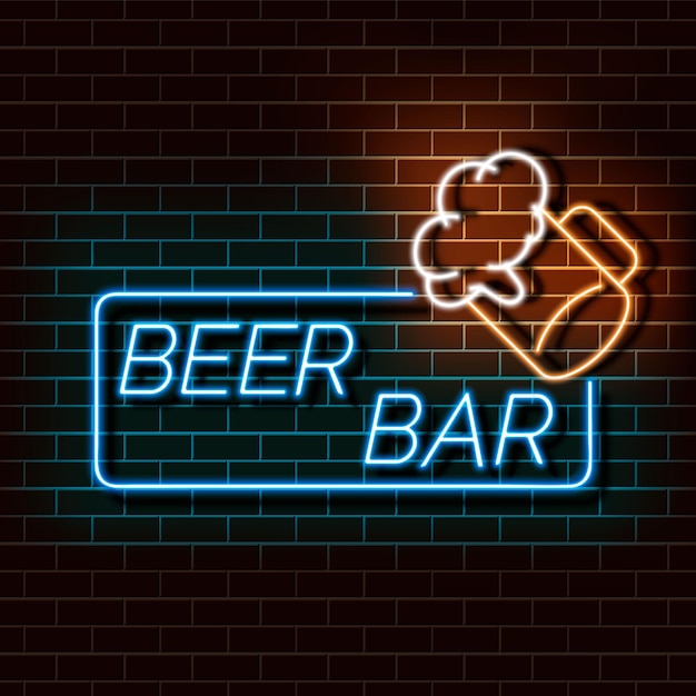 Vettore banner con luce al neon per birreria su un muro di mattoni cartello blu e arancione elemento decorativo retrò realistico per il web design illustrazione vettoriale