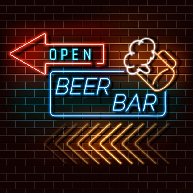 Beer bar neon light banner on a brick wall blue and orange sign