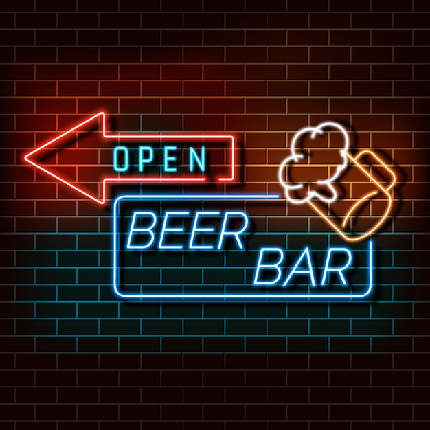 Insegna della luce al neon della barra della birra su un muro di mattoni.