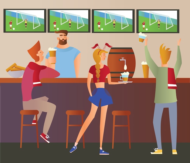 ベクトル ビールバー-レストラン。バーでチームを応援するサッカーファン。サッカーの試合、バーテンダーのいるバー、アルコール飲料、テレビ。平らな 。