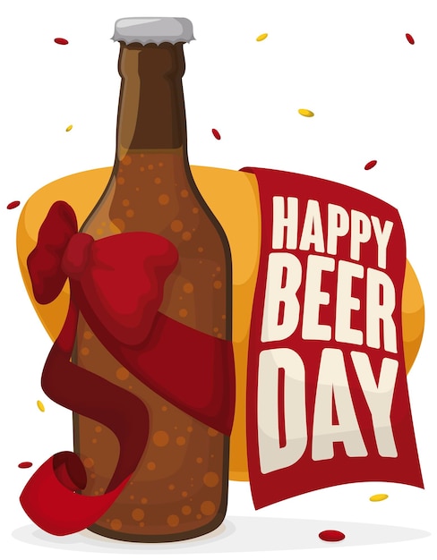 Beer bottle decorated with a bow and ribbon under confetti shower with a greeting sign for Beer Day