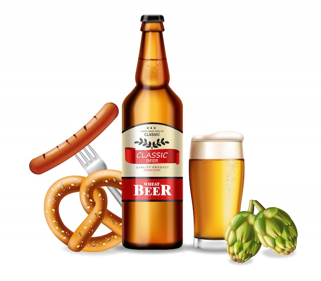 Bottiglia di birra e pretzel freschi