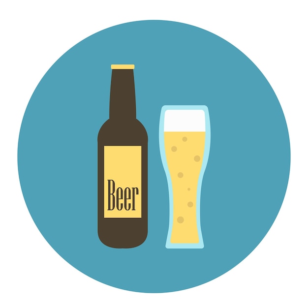 Beer bottle and glass flat vector icon