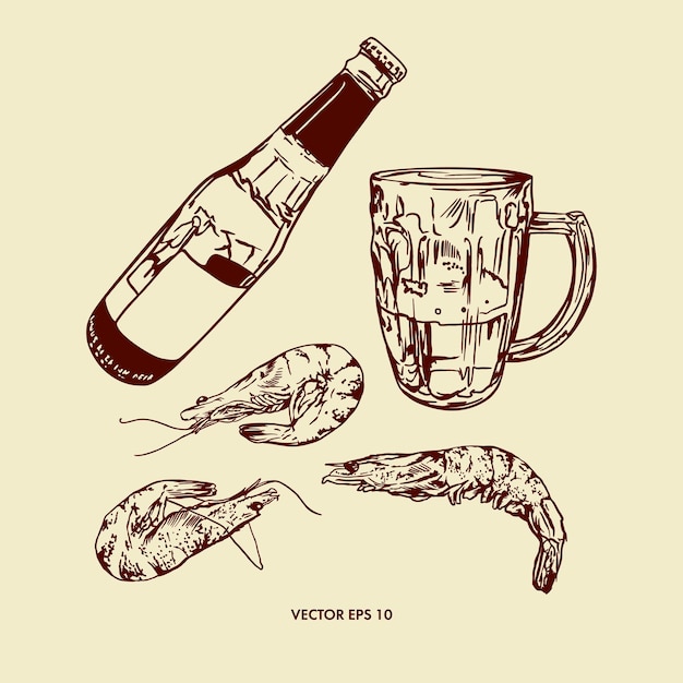 Vector beer bottle glass goblet with handle shrimp graphic menus wine beer cards labels banners leaflets