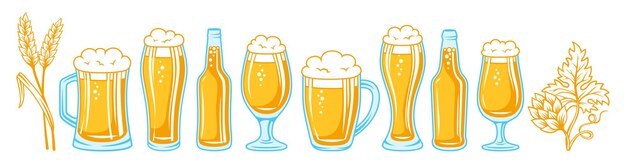 Vector beer bottle glass mug retro set hop wheat ear alcohol lager ale brewery bar pub festival vector