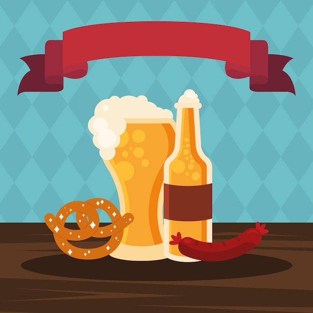 Vector beer bottle glass pretzel and sausage design, oktoberfest german festival and celebration theme