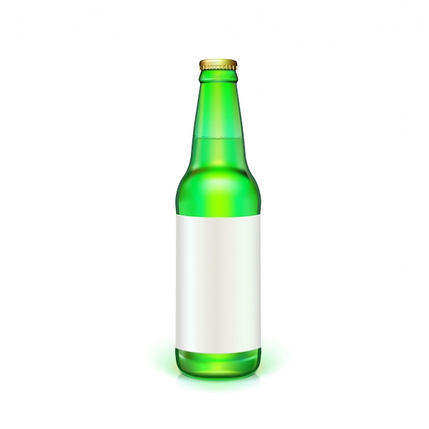 Beer bottle of green glass with white blank label 