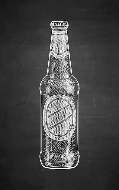 Beer bottle. Hand drawn chalk sketch on blackboard background.