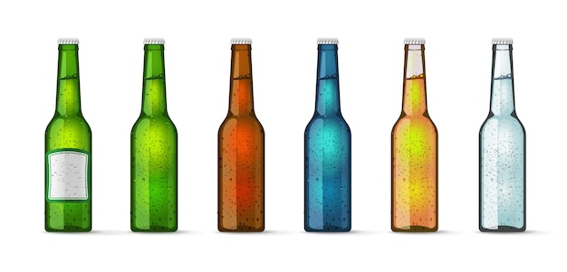 Beer bottles glass set blank empty mockup package template 3d or lemonade soda water drink beverage