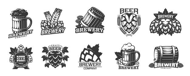 Beer brewery icons mug barrel and malt hop pub