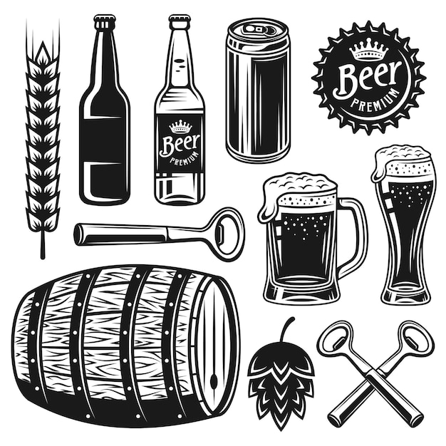 ヴィンテージスタイルの黒いオブジェクトまたはグラフィック要素のビールと醸造所のセット