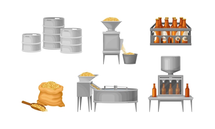 Vector beer brewing process with steeping cereal grains and bottling vector set