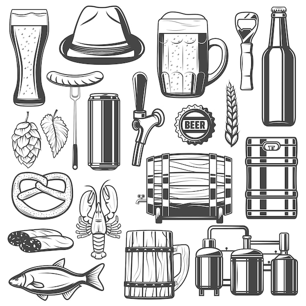 Vector beer brewing and snacks vector icons