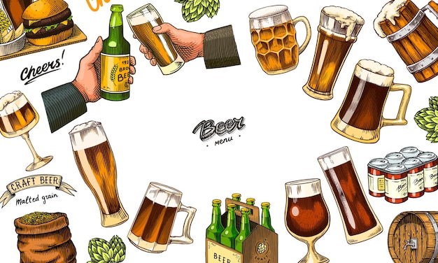 beer classical wooden barrels distilled alcohol poster and banner hop malt cheers toast glass mugs