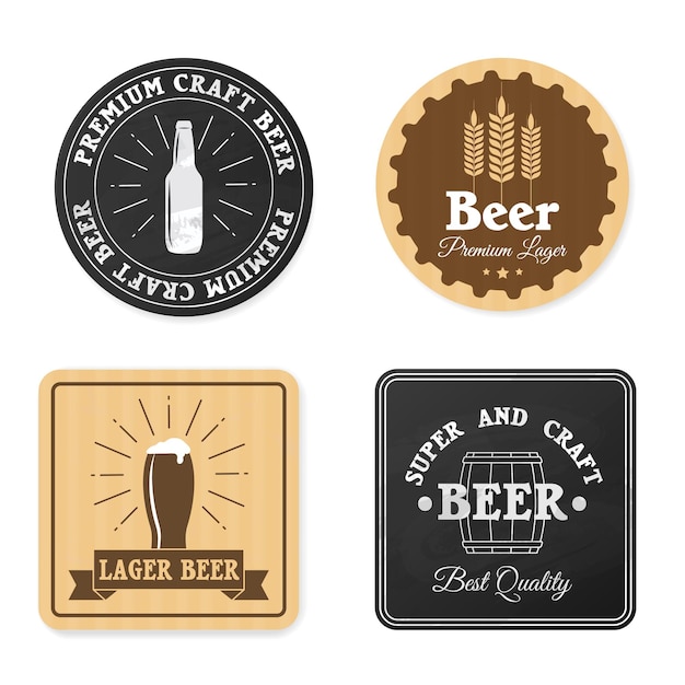 Vector beer coaster design square and round beer coasters pub labels beverage mats hipster style brewery stickers alcoholic drink signs premium craft products beermat for bar vector isolated set