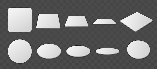 ビール コースター マグカップとグラス用の現実的な紙ビアデッケル バー アクセサリー セットの分離された円と正方形の形状白い空の段ボール ドリンク マット モックアップのさまざまな角度からのベクトル ビュー