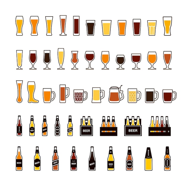 Beer color set glasses and bottles Vector