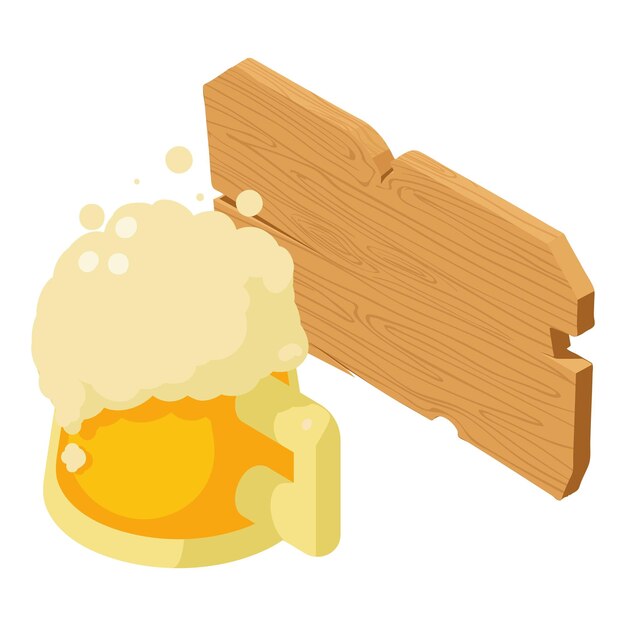 Vector beer degustation icon isometric vector foamy beer mug and wooden bar signboard brewing tasting