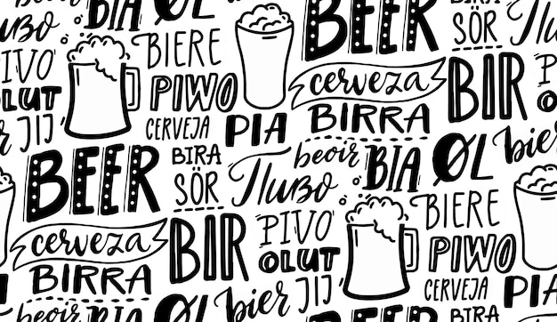 Birra in diverse lingue design della carta da parati modello vettoriale senza cuciture in bianco e nero per pub