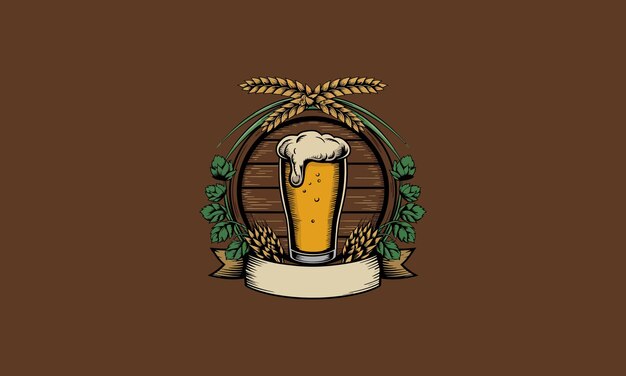 Beer emblem with hops wheat and wooden barrel design