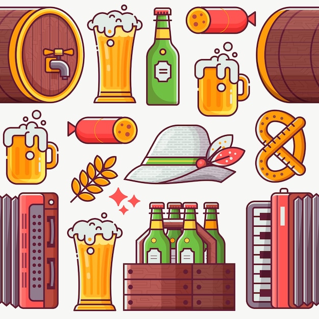 Beer fest pattern with craft beer bavarian hat mug accordion and other beer festival and brewing symbols oktoberfest seamless background in line art