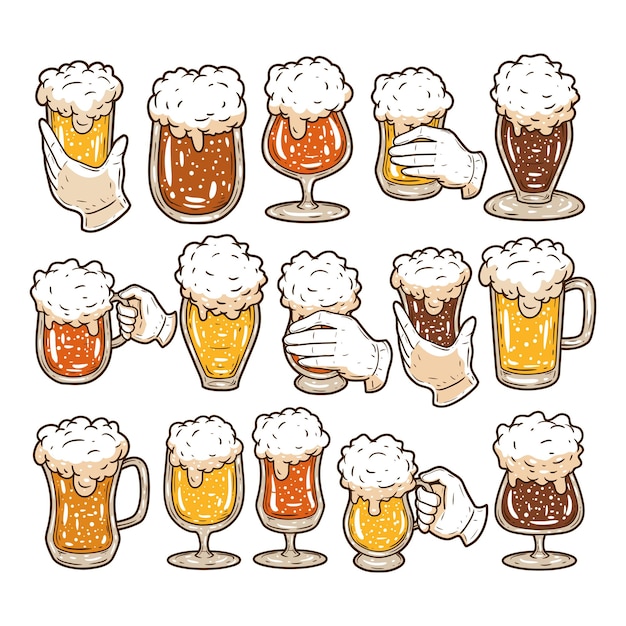 벡터 맥주 유리와 머그잔 handdrawn 컬렉션