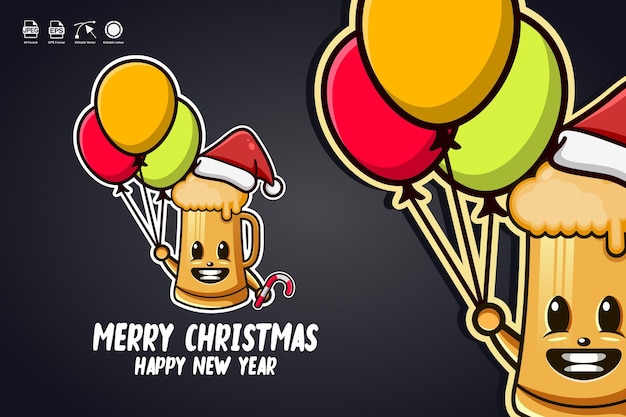 Il bicchiere di birra porta palloncini buon natale simpatico personaggio mascotte logo design