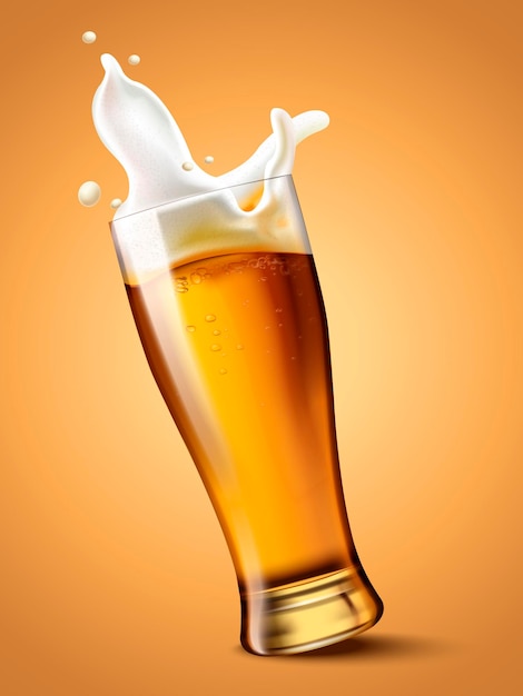 Vector beer in glass cup, refreshing drink with white foam in 3d illustration, splashing beer