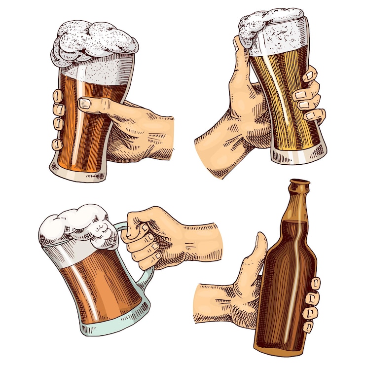 Vector 손에 든 맥주 잔 건배 토스트 머그잔 또는 옥토버페스트 한 병 흰색 배경에 파티 또는 펍 메뉴 디자인 요소에 대한 웹 초대를 위해 오래된 스케치와 빈티지 스타일로 그려진 잉크 손에 새겨져 있습니다.