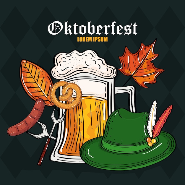 beer glass hat pretzel on fork and sausage design, oktoberfest germany festival and celebration theme