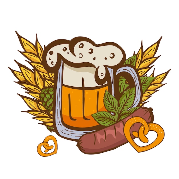 유럽의 맥주 축제의 전통적인 상징으로 장식된 옥토버페스트 배너의 홉 잎과 원뿔 사이에 있는 맥주 유리.