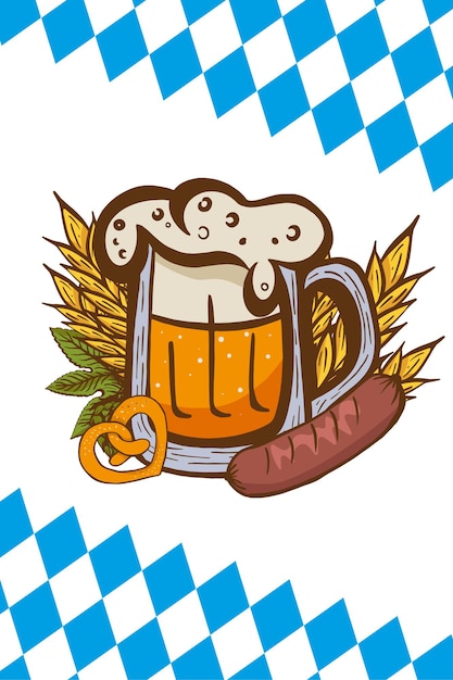 ヨーロッパのビール祭りの伝統的なシンボルで飾られたオクトーバーフェストのバナーにホップの葉と円錐形のビアグラス。