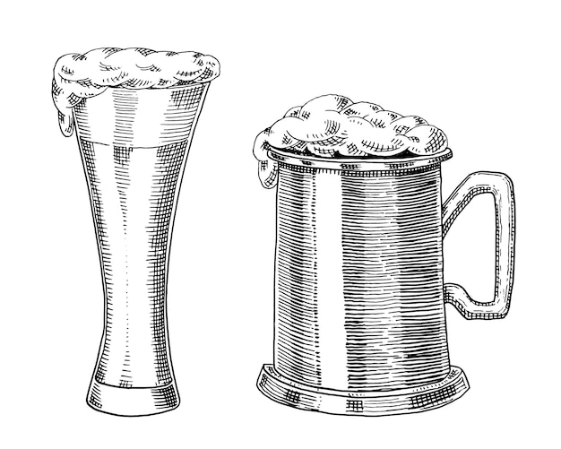 맥주 잔, 찻잔 또는 옥토버 페스트 병. 웹, 파티 또는 펍 메뉴에 대 한 오래 된 스케치와 빈티지 스타일에 그려진 잉크 손에 새겨진.