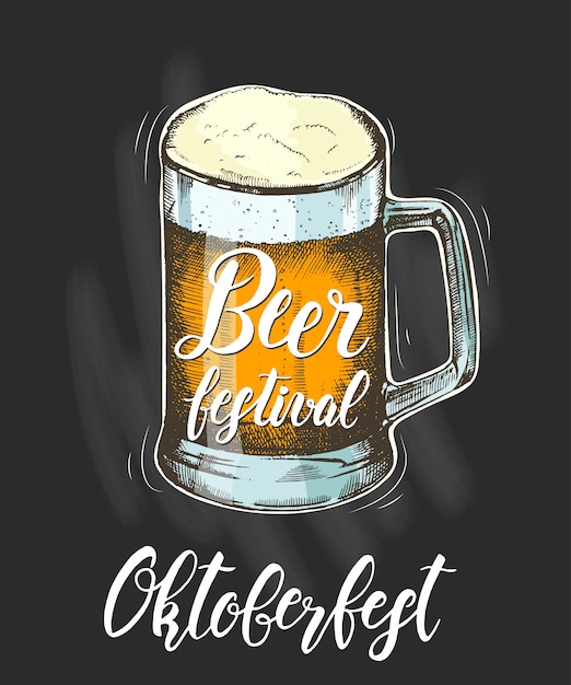 Beer in glass mug. Hand drawn Glass of beer. Hand made trendy lettering