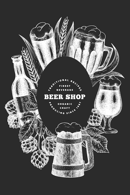 Beer glass mug and hop design template. Hand drawn   pub beverage illustration on chalk board. Engraved style. Retro brewery illustration.