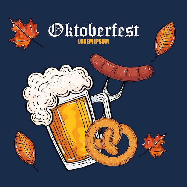 beer glass pretzel and sausage on fork design, oktoberfest germany festival and celebration theme