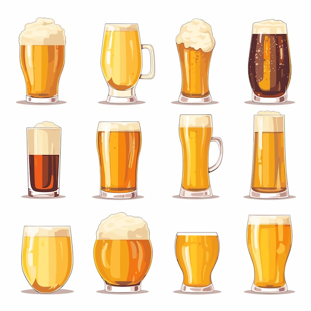 Beer glass set icons of beer mugs and glasses with various beer sorts vector illustration
