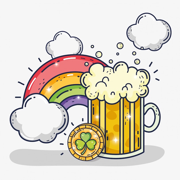 Vector beer glass with clover coin and rainbow