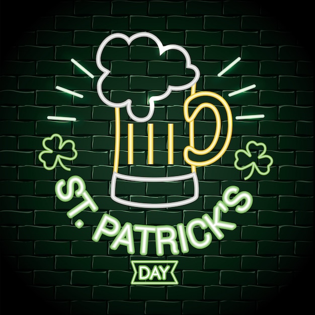 Beer glass with clovers neon label to st patrick celebration