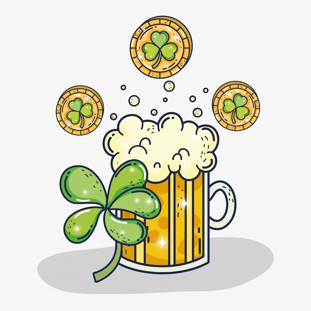 Vector beer glass with coins and clover to celebration event