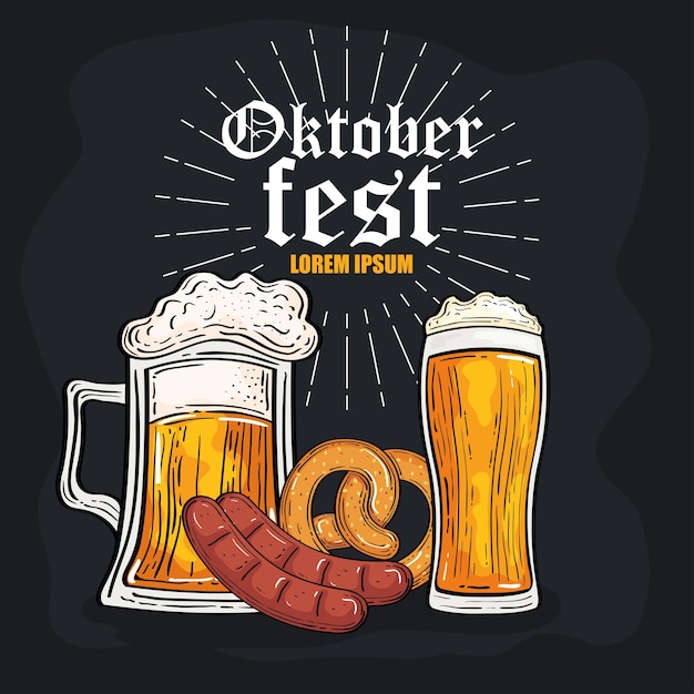 Beer glasses pretzel and sausages design, oktoberfest germany festival and celebration theme